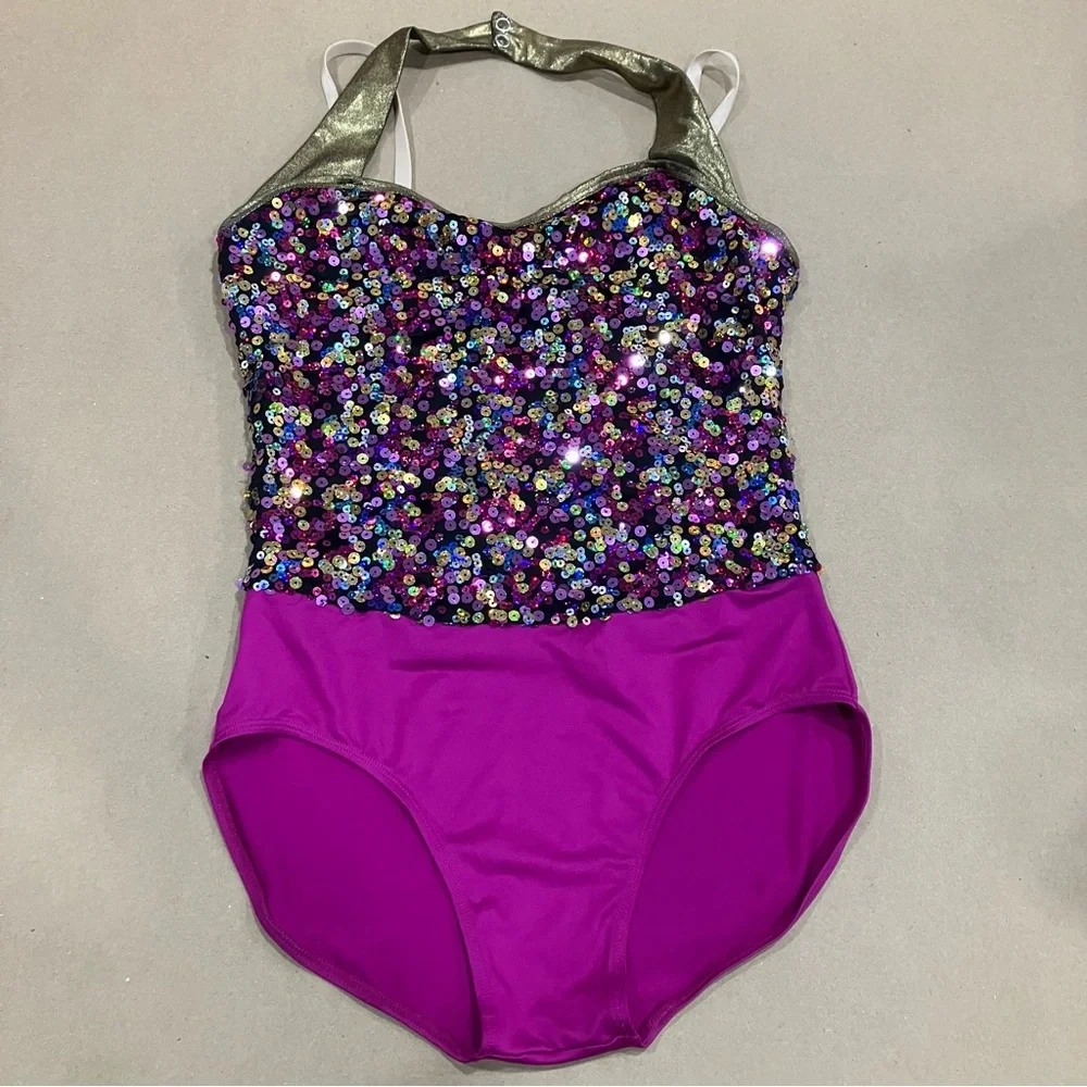 Weissman Gold and Purple Sequin Dance Bodysuit size SA Small Adult NEW - Picture 1 of 10